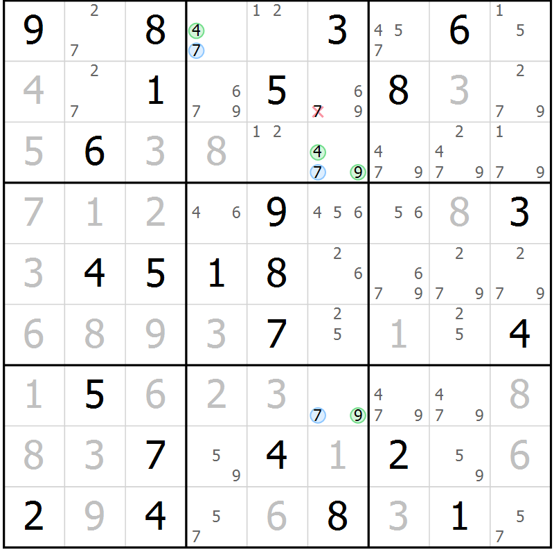 Position des candidats pour la solution de la Gr 74 page 77 du magazine de sudoku Suprême n° 031