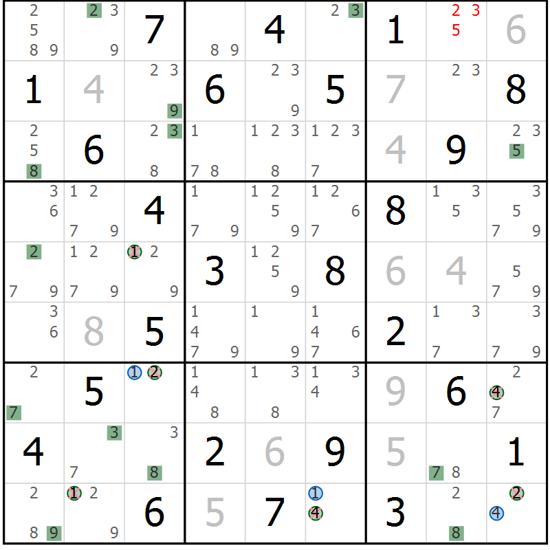 Position des candidats pour la solution de la Gr 75 page 78 du magazine de sudoku Suprême n° 031