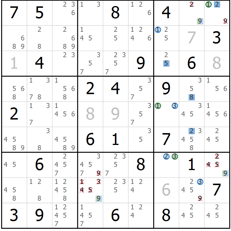 Position des candidats pour la solution de la Gr 79 page 82 du magazine de sudoku Suprême n° 031