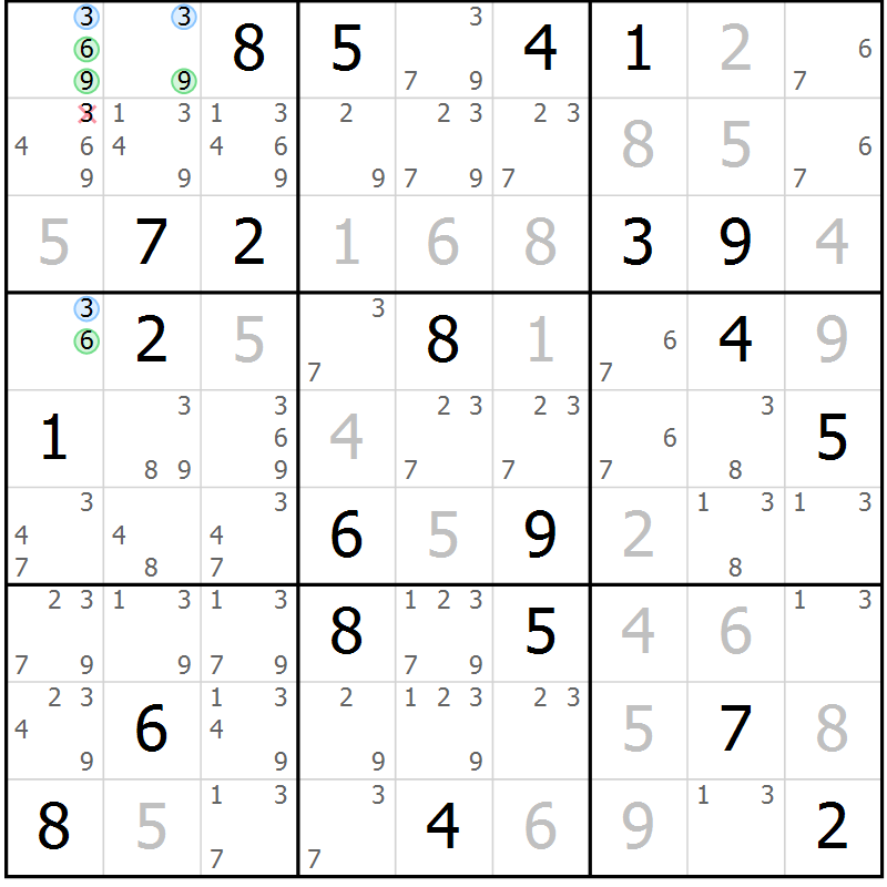 Position des candidats pour la solution de la Gr 8 page 11 du magazine de sudoku Suprême n° 031