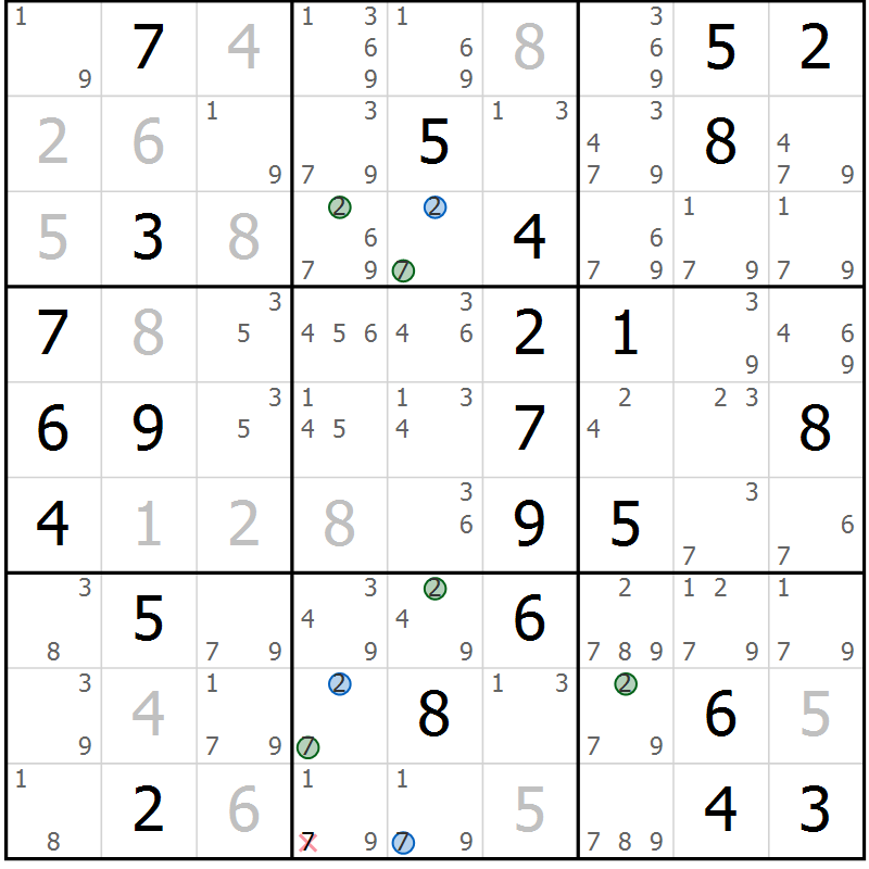 Position des candidats pour la solution de la Gr 82 page 85 du magazine de sudoku Suprême n° 031
