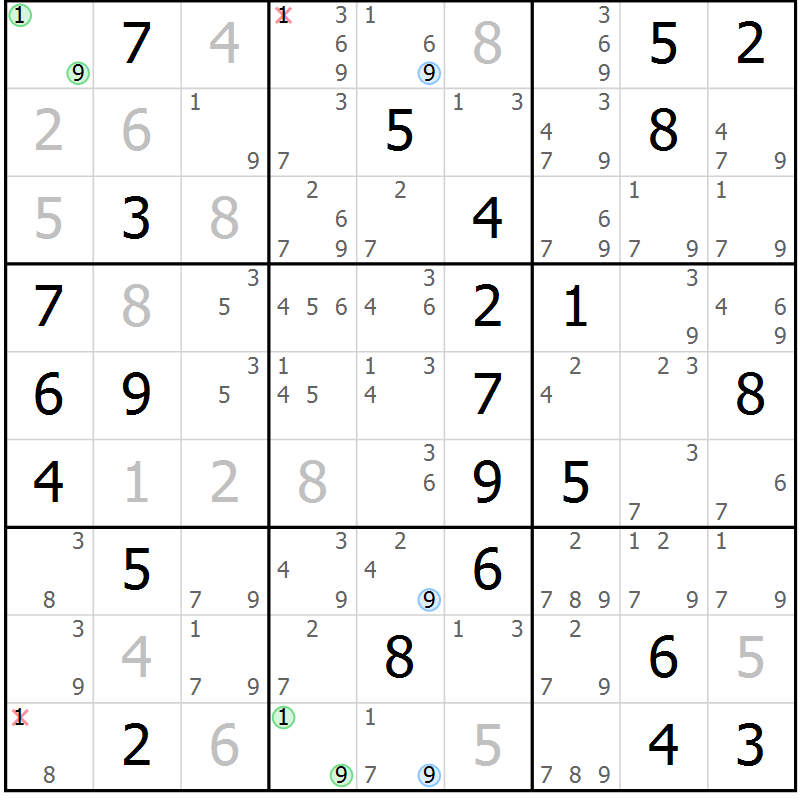 Position des candidats pour la solution de la Gr 82 page 85 du magazine de sudoku Suprême n° 031