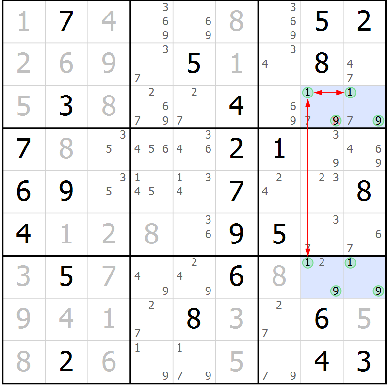 Position des candidats pour la solution de la Gr 82 page 85 du magazine de sudoku Suprême n° 031