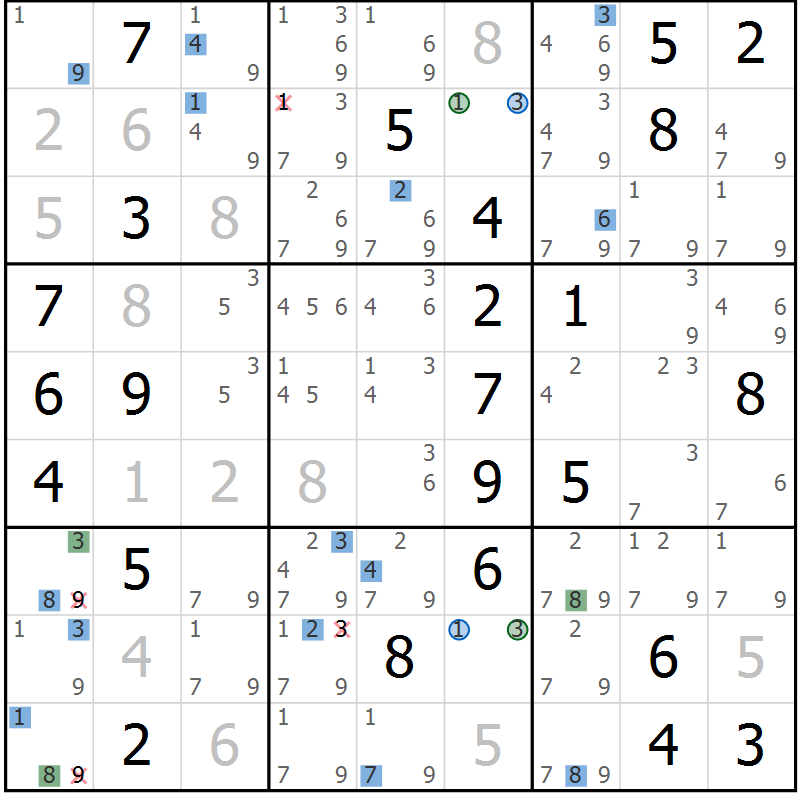 Position des candidats pour la solution de la Gr 82 page 85 du magazine de sudoku Suprême n° 031