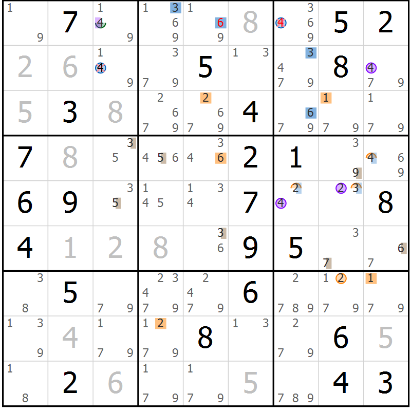 Position des candidats pour la solution de la Gr 82 page 85 du magazine de sudoku Suprême n° 031