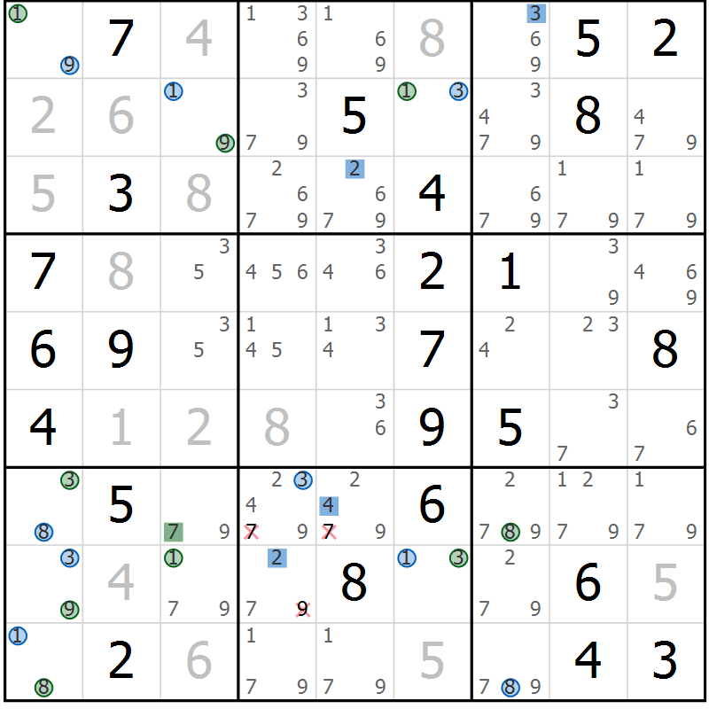 Position des candidats pour la solution de la Gr 82 page 85 du magazine de sudoku Suprême n° 031