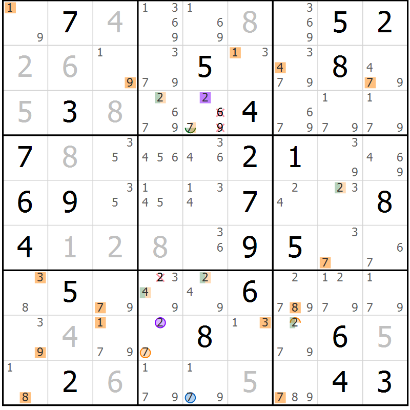 Position des candidats pour la solution de la Gr 82 page 85 du magazine de sudoku Suprême n° 031