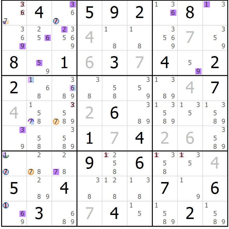 Position des candidats pour la solution de la Gr 84 page 87 du magazine de sudoku Suprême n° 031