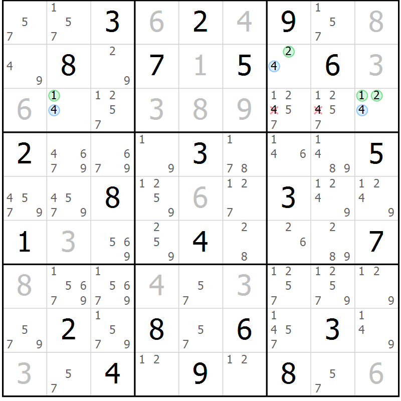 Position des candidats pour la solution de la Gr 10 page 13 du magazine de sudoku Suprême n° 033