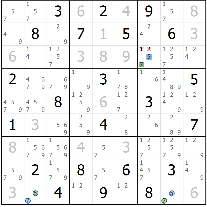 Position des candidats pour la solution de la Gr 10 page 13 du magazine de sudoku Suprême n° 033