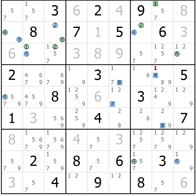 Position des candidats pour la solution de la Gr 10 page 13 du magazine de sudoku Suprême n° 033
