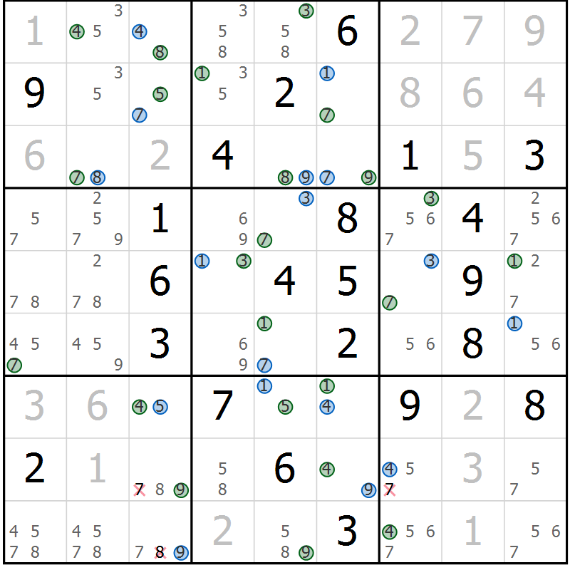 Position des candidats pour la solution de la Gr 17 page 20 du magazine de sudoku Suprême n° 033