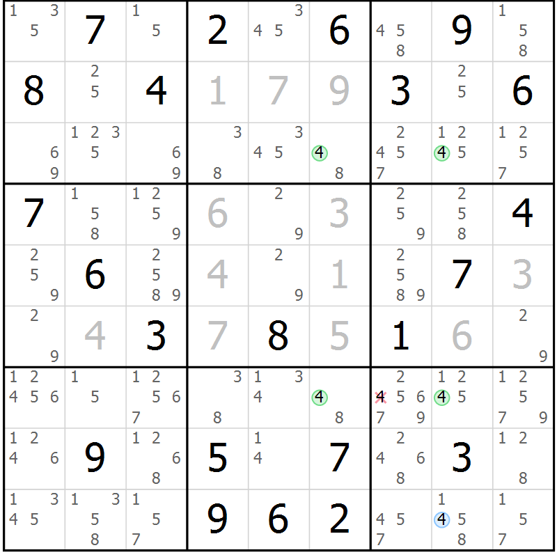 Position des candidats pour la solution de la Gr 18 page 21 du magazine de sudoku Suprême n° 033
