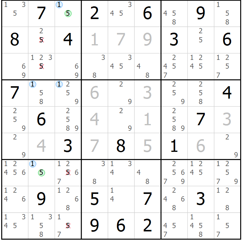 Position des candidats pour la solution de la Gr 18 page 21 du magazine de sudoku Suprême n° 033
