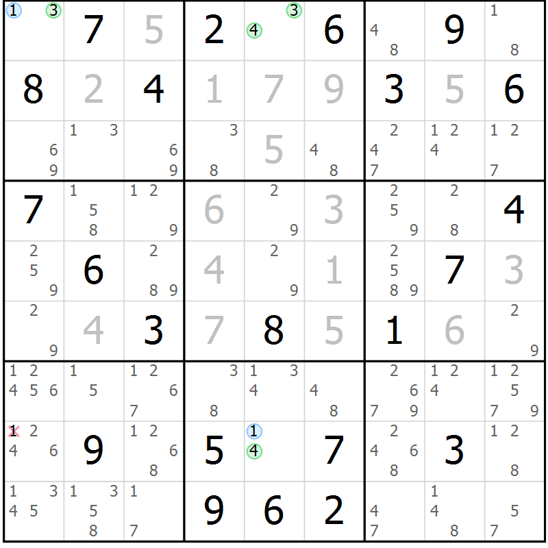 Position des candidats pour la solution de la Gr 18 page 21 du magazine de sudoku Suprême n° 033