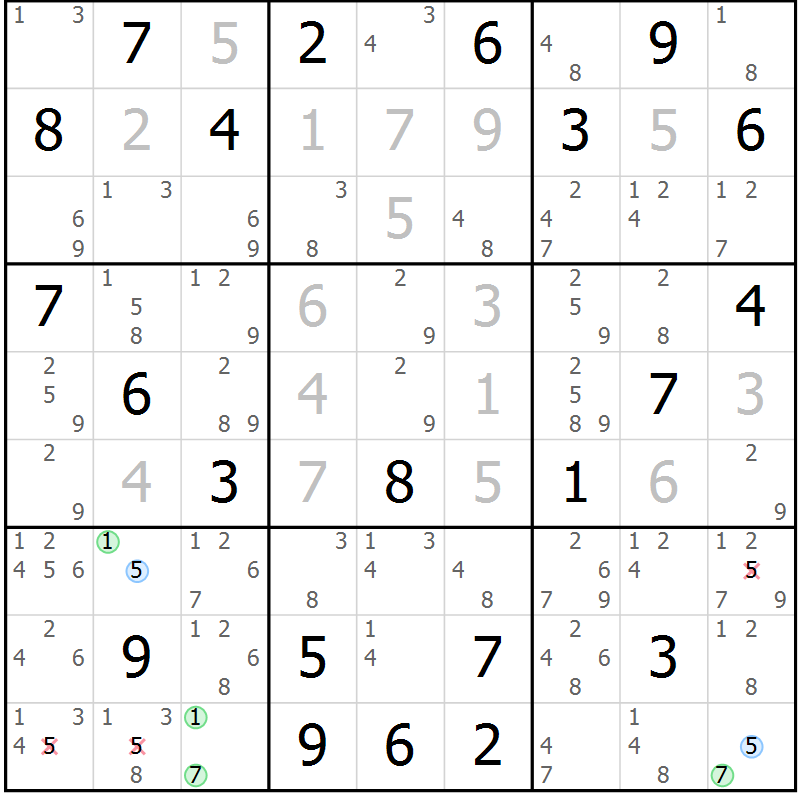 Position des candidats pour la solution de la Gr 18 page 21 du magazine de sudoku Suprême n° 033