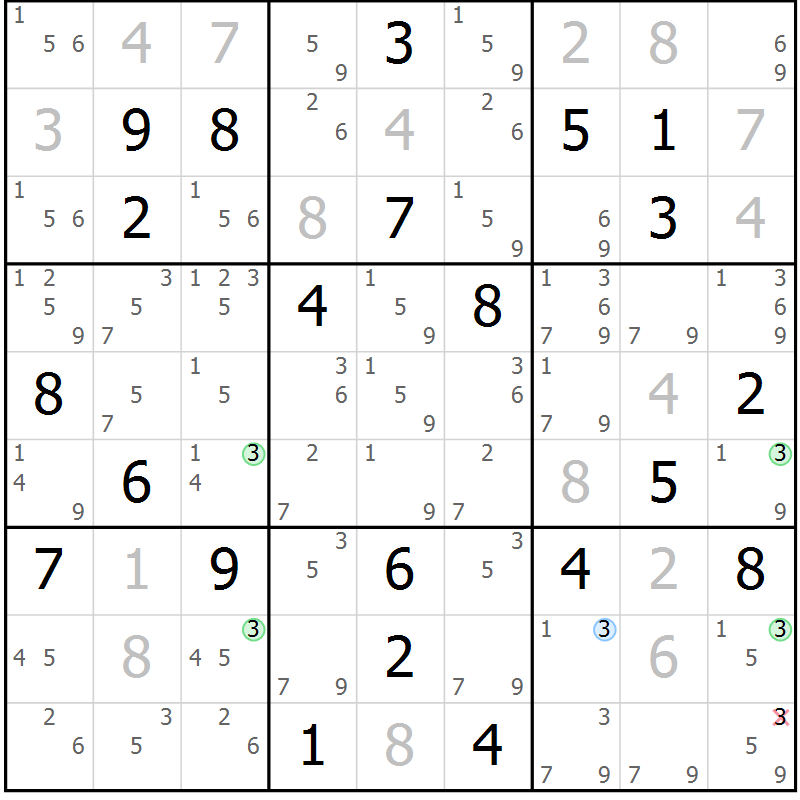 Position des candidats pour la solution de la Gr 19 page 22 du magazine de sudoku Suprême n° 033