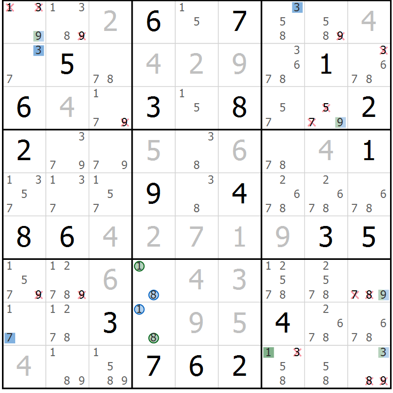 Position des candidats pour la solution de la Gr 2 page 5 du magazine de sudoku Suprême n° 033