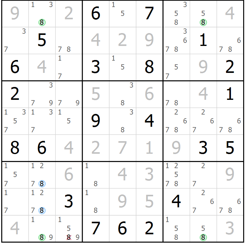Position des candidats pour la solution de la Gr 2 page 5 du magazine de sudoku Suprême n° 033