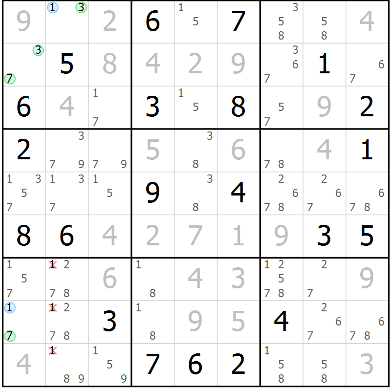 Position des candidats pour la solution de la Gr 2 page 5 du magazine de sudoku Suprême n° 033