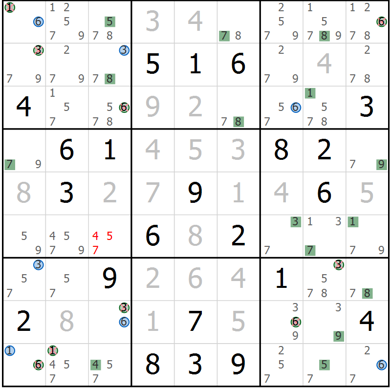 Position des candidats pour la solution de la Gr 20 page 23 du magazine de sudoku Suprême n° 033