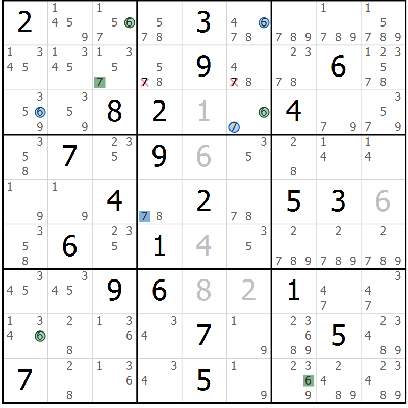 Position des candidats pour la solution de la Gr 21 page 24 du magazine de sudoku Suprême n° 033