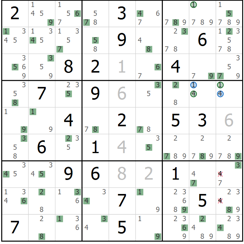 Position des candidats pour la solution de la Gr 21 page 24 du magazine de sudoku Suprême n° 033