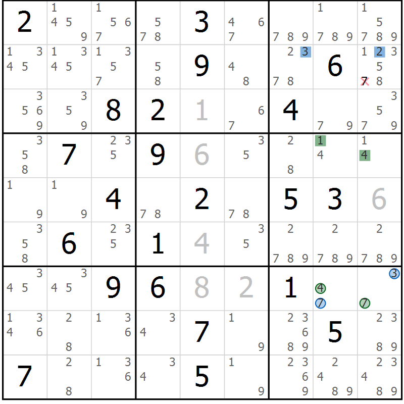 Position des candidats pour la solution de la Gr 21 page 24 du magazine de sudoku Suprême n° 033