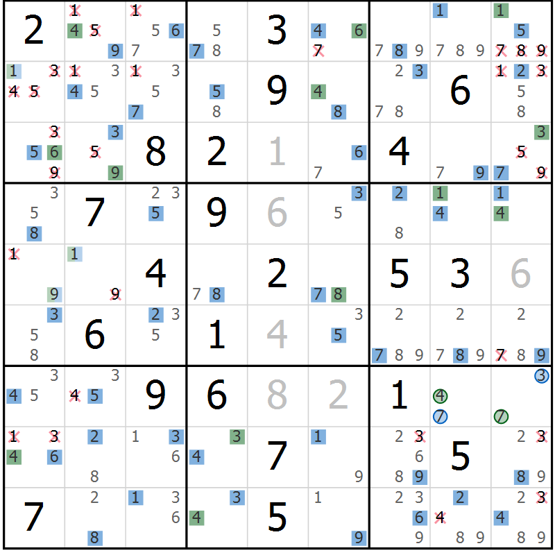 Position des candidats pour la solution de la Gr 21 page 24 du magazine de sudoku Suprême n° 033