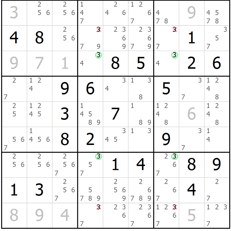 Position des candidats pour la solution de la Gr 22 page 25 du magazine de sudoku Suprême n° 033