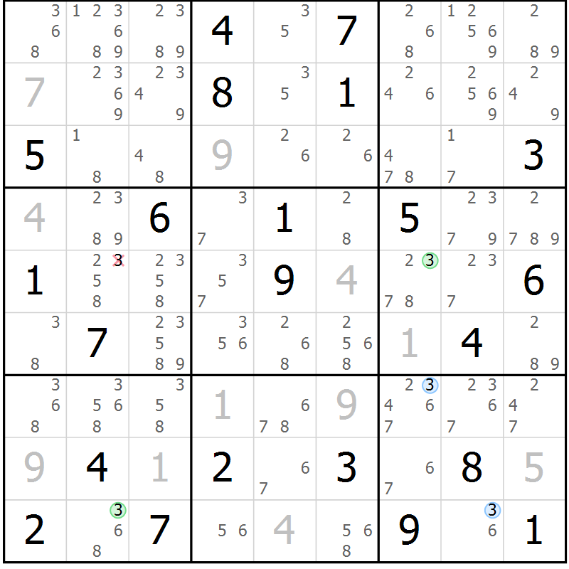Position des candidats pour la solution de la Gr 23 page 26 du magazine de sudoku Suprême n° 033