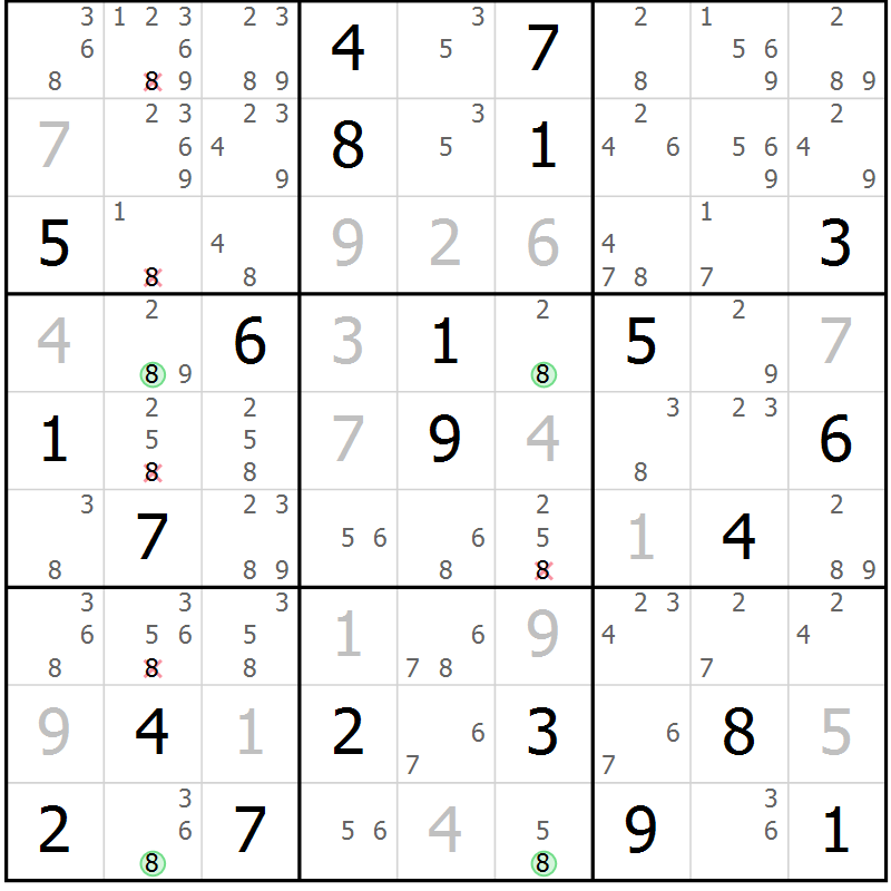 Position des candidats pour la solution de la Gr 23 page 26 du magazine de sudoku Suprême n° 033