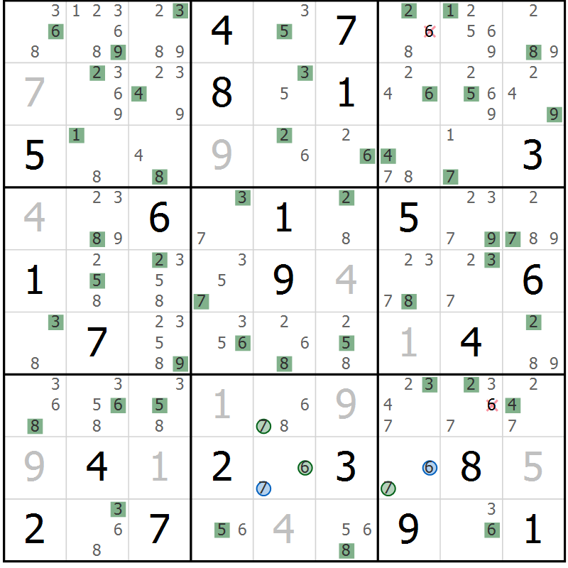 Position des candidats pour la solution de la Gr 23 page 26 du magazine de sudoku Suprême n° 033