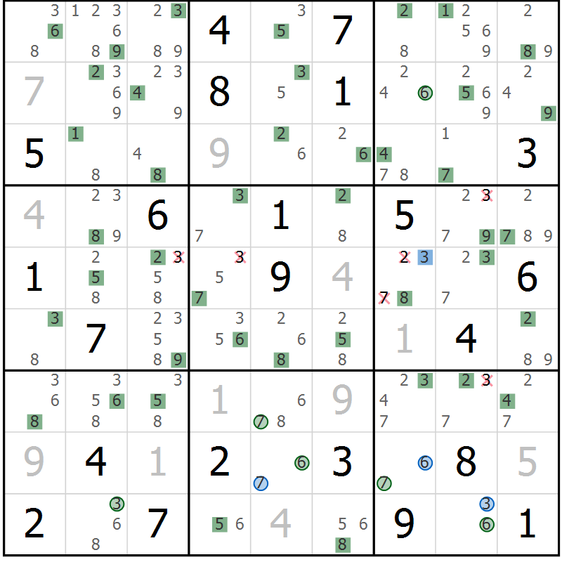 Position des candidats pour la solution de la Gr 23 page 26 du magazine de sudoku Suprême n° 033