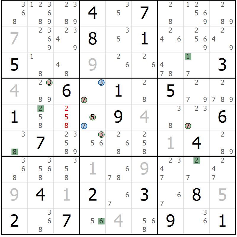 Position des candidats pour la solution de la Gr 23 page 26 du magazine de sudoku Suprême n° 033