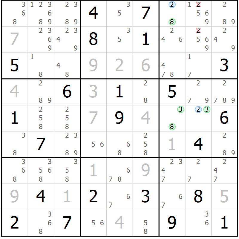 Position des candidats pour la solution de la Gr 23 page 26 du magazine de sudoku Suprême n° 033