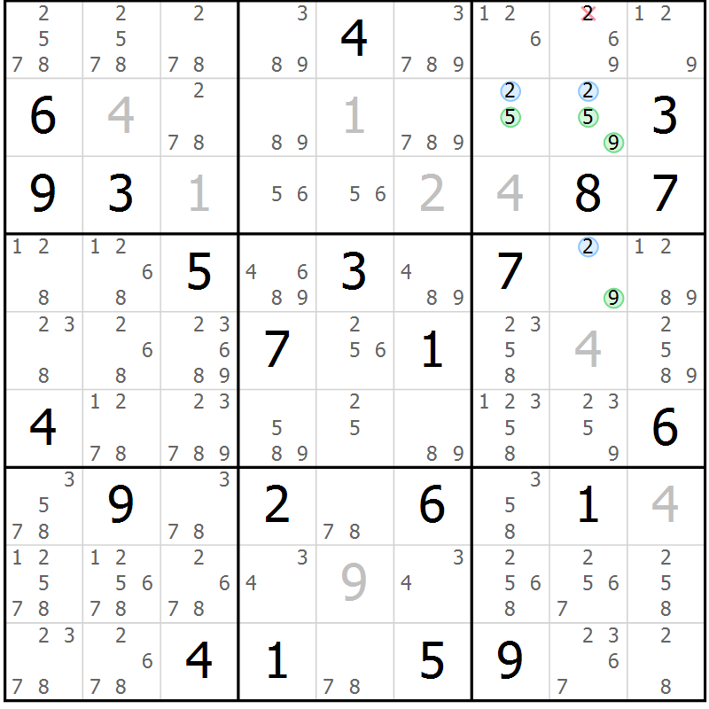 Position des candidats pour la solution de la Gr 24 page 27 du magazine de sudoku Suprême n° 033