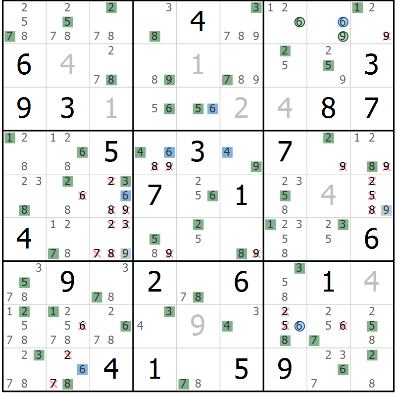 Position des candidats pour la solution de la Gr 24 page 27 du magazine de sudoku Suprême n° 033