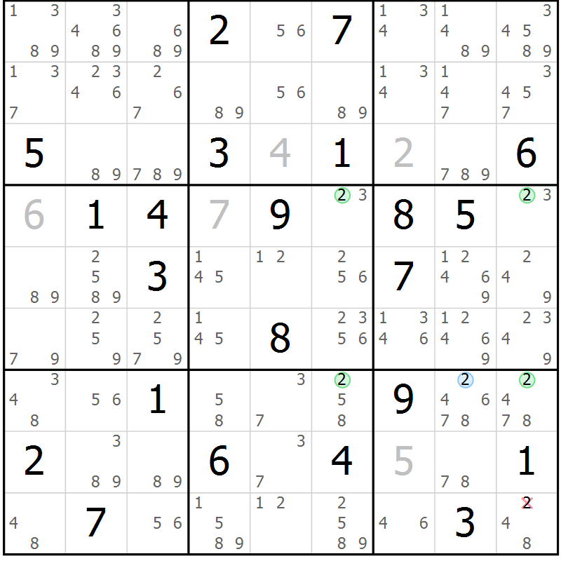 Position des candidats pour la solution de la Gr 25 page 28 du magazine de sudoku Suprême n° 033