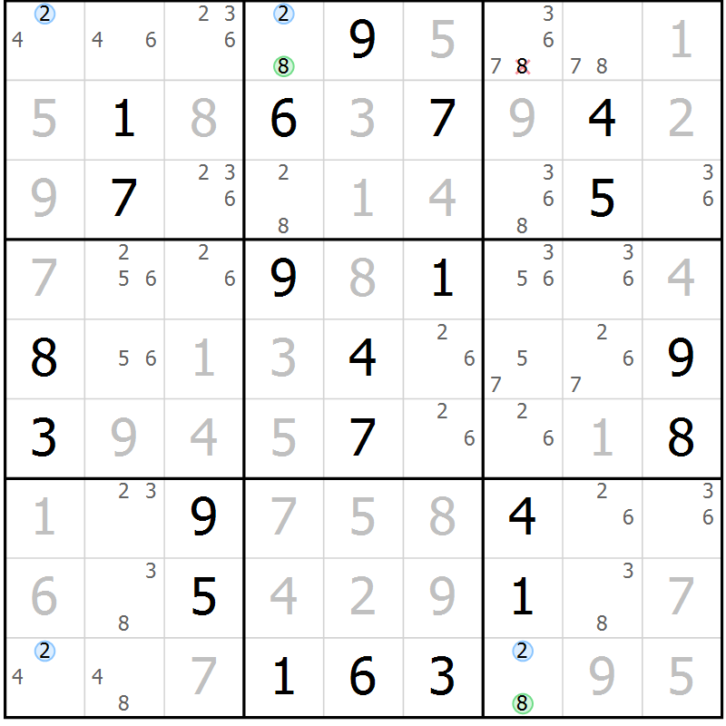 Position des candidats pour la solution de la Gr 26 page 29 du magazine de sudoku Suprême n° 033