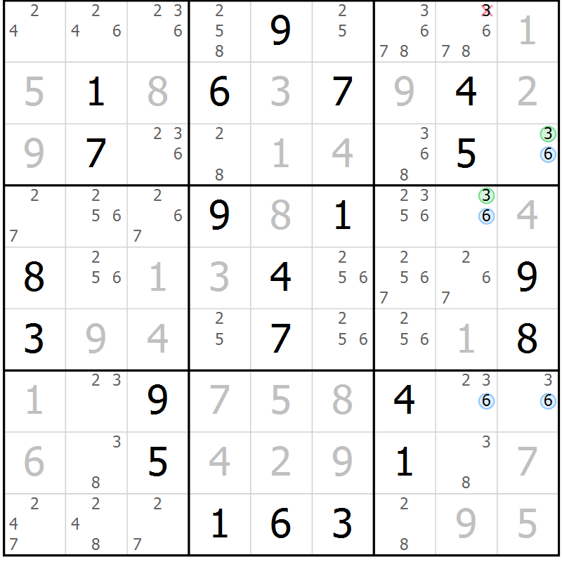 Position des candidats pour la solution de la Gr 26 page 29 du magazine de sudoku Suprême n° 033