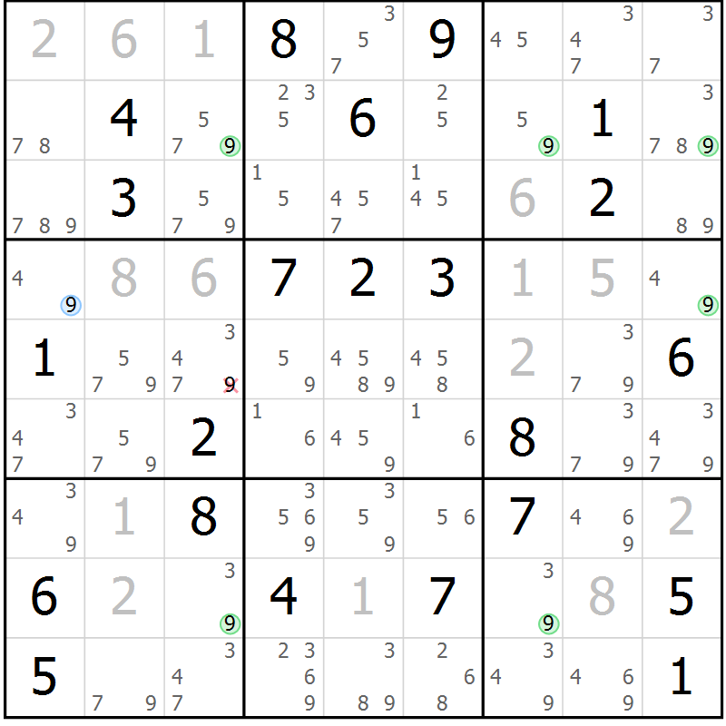 Position des candidats pour la solution de la Gr 27 page 30 du magazine de sudoku Suprême n° 033