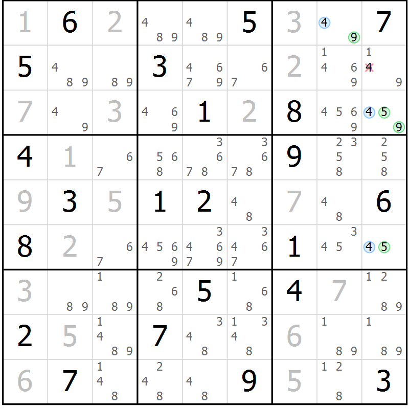 Position des candidats pour la solution de la Gr 3 page 6 du magazine de sudoku Suprême n° 033