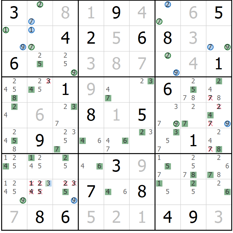 Position des candidats pour la solution de la Gr 30 page 33 du magazine de sudoku Suprême n° 033