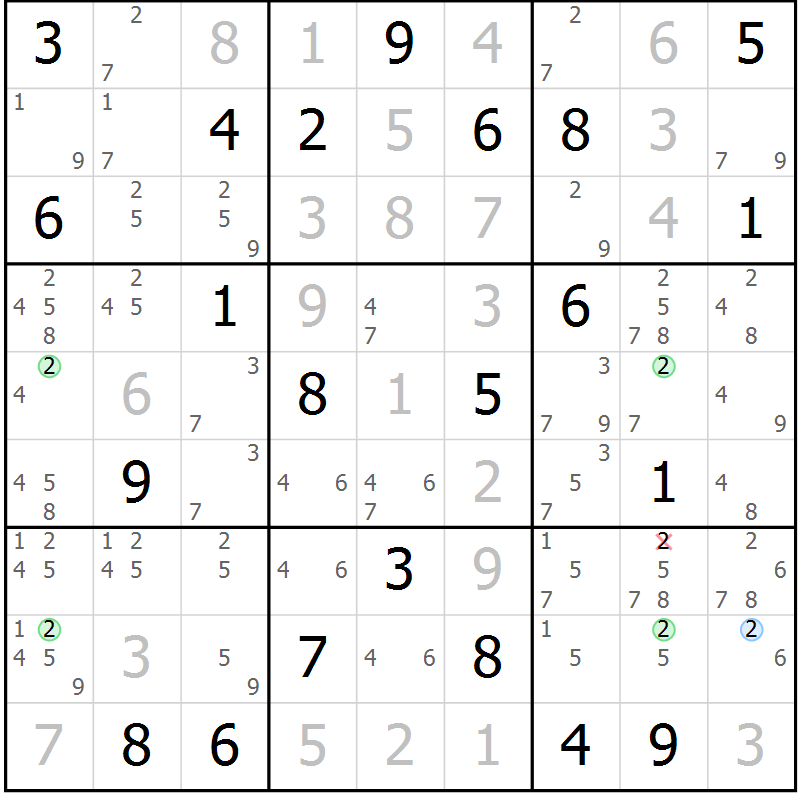Position des candidats pour la solution de la Gr 30 page 33 du magazine de sudoku Suprême n° 033