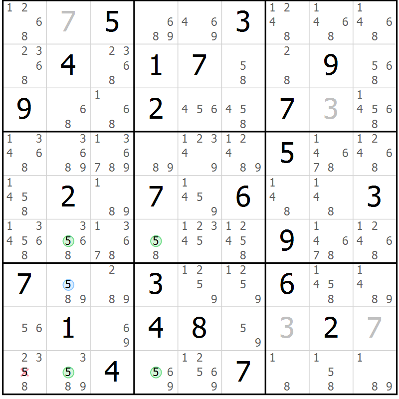 Position des candidats pour la solution de la Gr 33 page 36 du magazine de sudoku Suprême n° 033