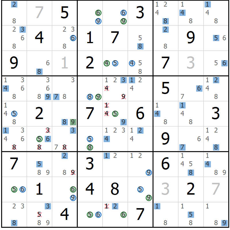 Position des candidats pour la solution de la Gr 33 page 36 du magazine de sudoku Suprême n° 033