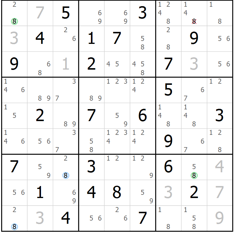 Position des candidats pour la solution de la Gr 33 page 36 du magazine de sudoku Suprême n° 033