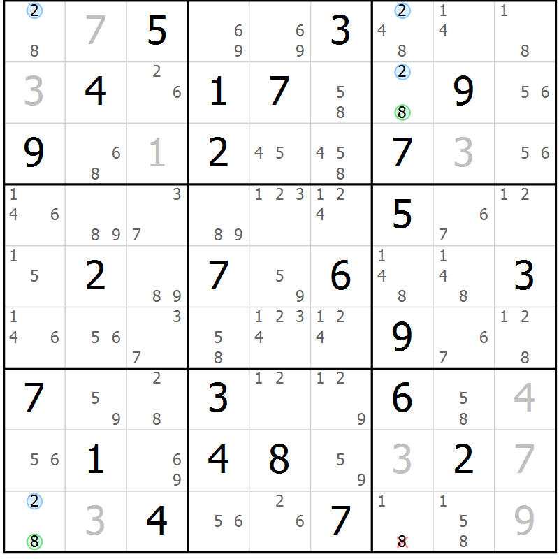Position des candidats pour la solution de la Gr 33 page 36 du magazine de sudoku Suprême n° 033