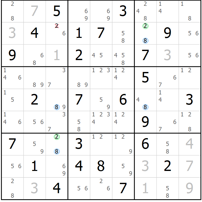 Position des candidats pour la solution de la Gr 33 page 36 du magazine de sudoku Suprême n° 033